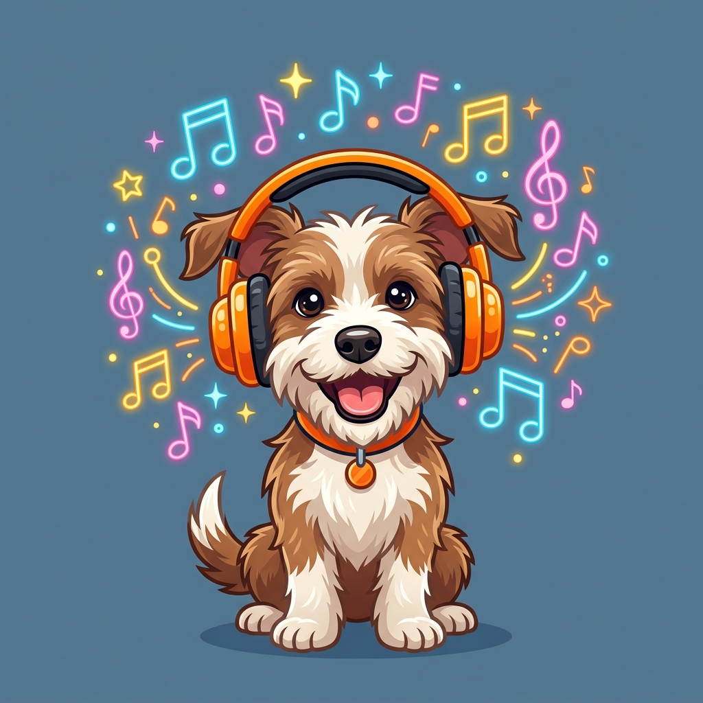 Happy dog wearing orange headphones listening to music